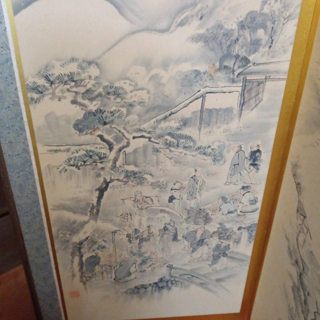 江戸時代風俗図 水墨画＆金屏風セット(175x60cm)X六曲X3枚