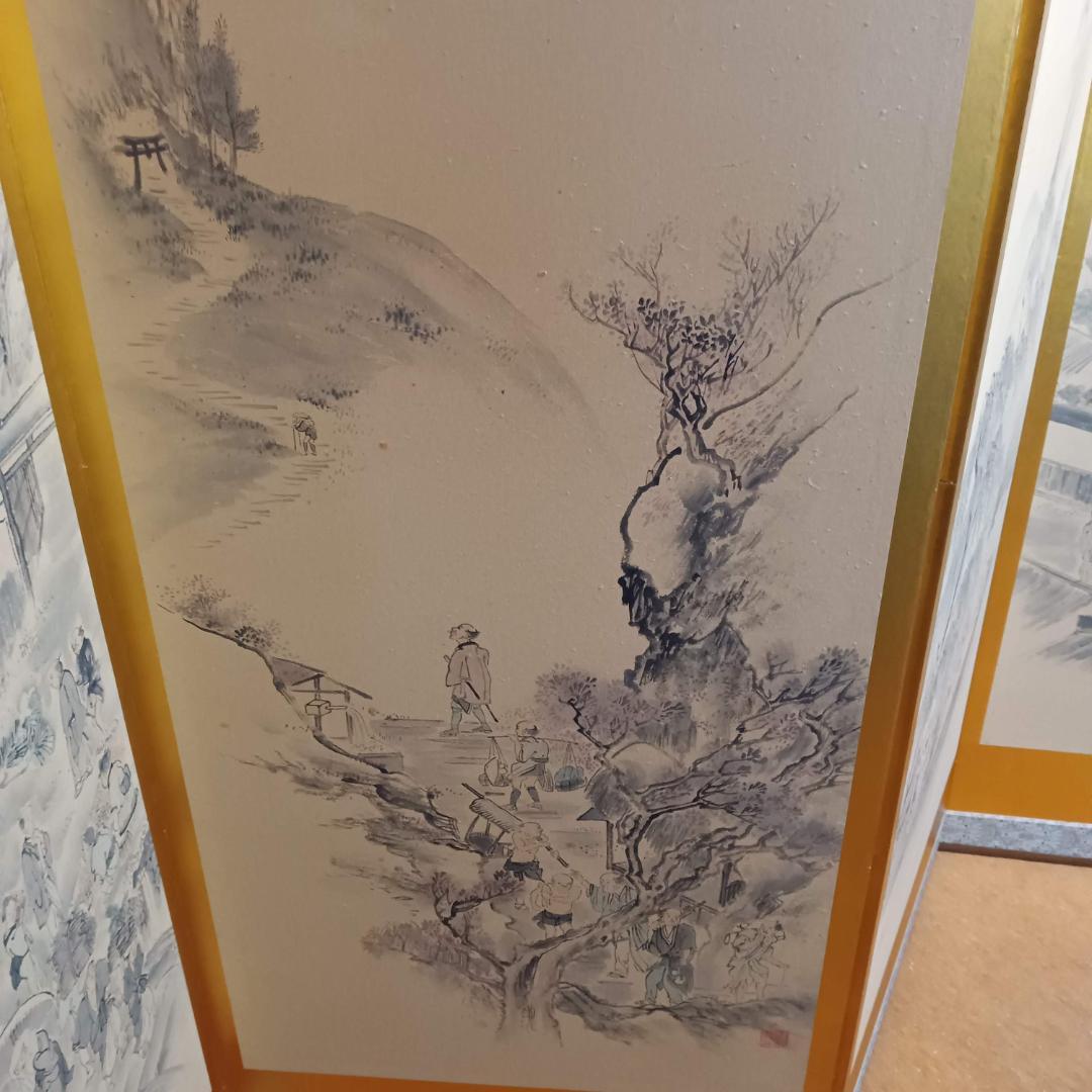 江戸時代風俗図 水墨画＆金屏風セット(175x60cm)X六曲X3枚