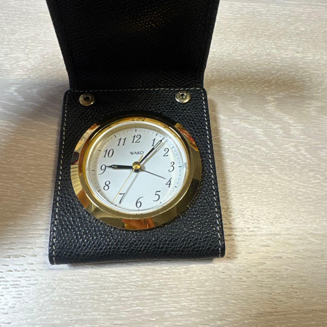 ジャンク扱い：WAKOクロック 銀座和光 トラベルクロック ブラック 革製