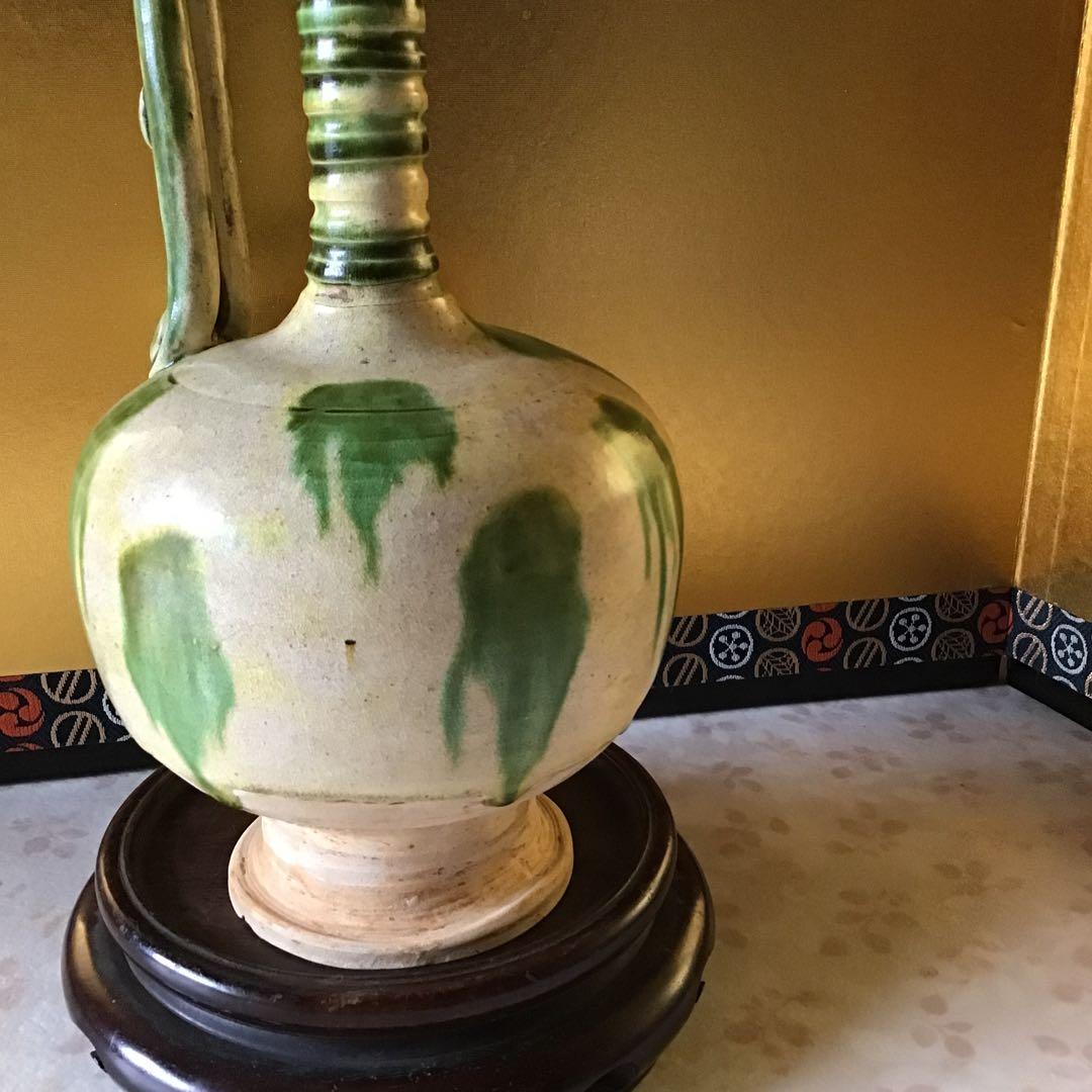 時代　唐綠黄秞竜耳瓶　中国