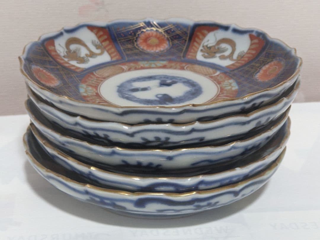 ♦江戸時代古伊万里 大明成化年製 染付金襴手 吉祥文 輪花豆皿 五枚組み 骨董品