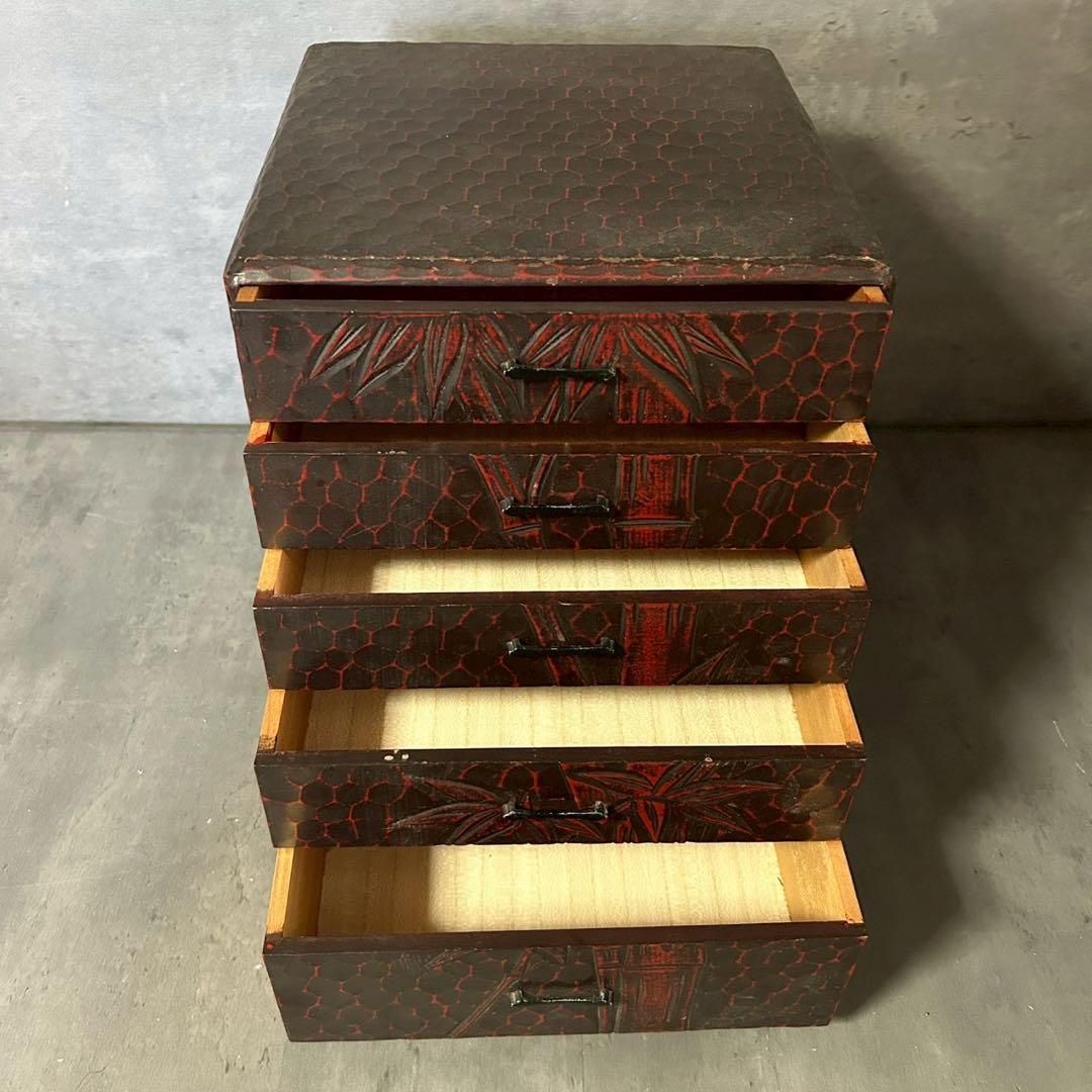 和箪笥 小引き出し 5段 漆調 竹柄 木製 和風インテリア