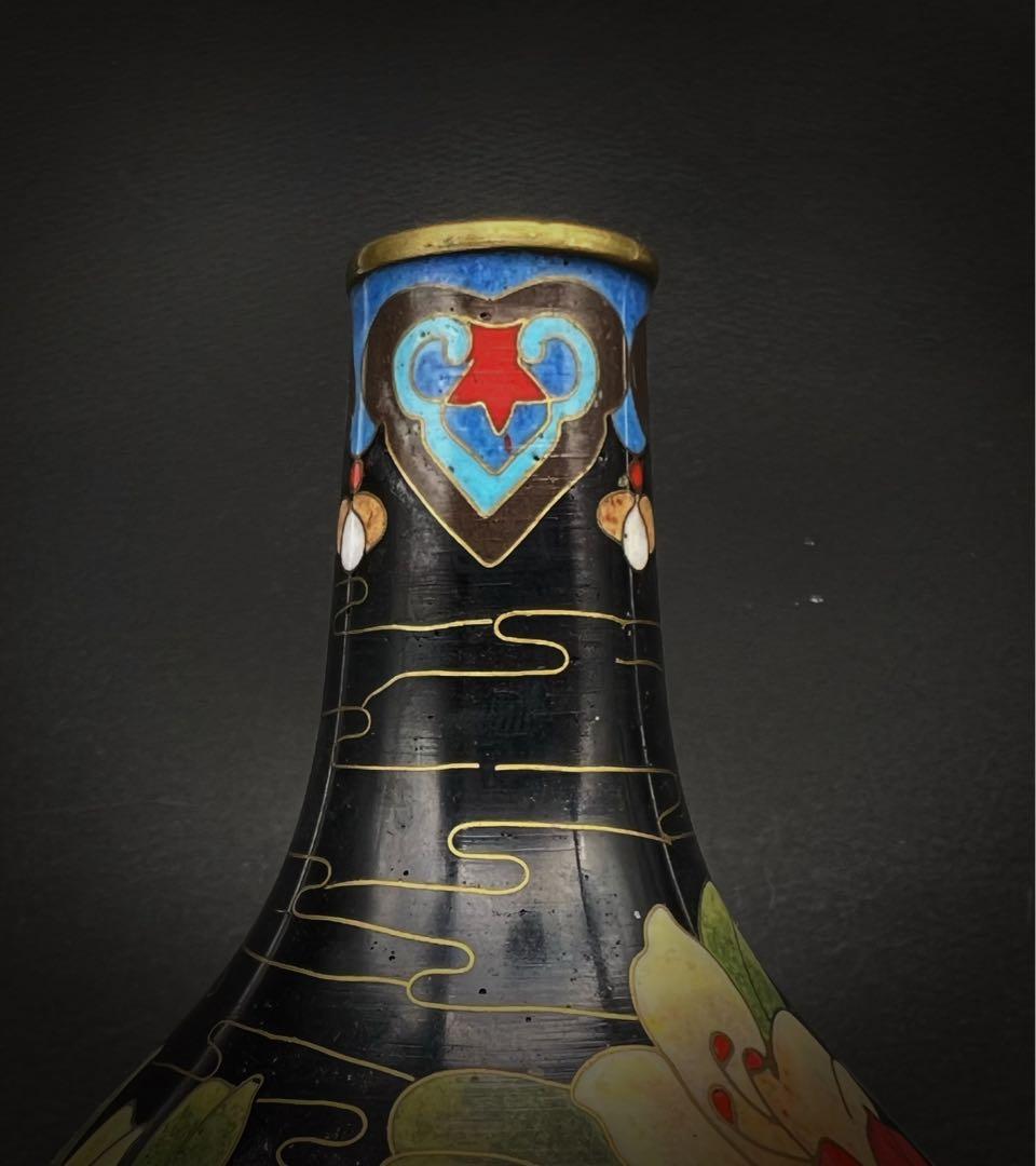 中國美術 古玩 景泰蓝 七宝焼 黒地花鳥蝶々紋様瓢箪 花器 京法造