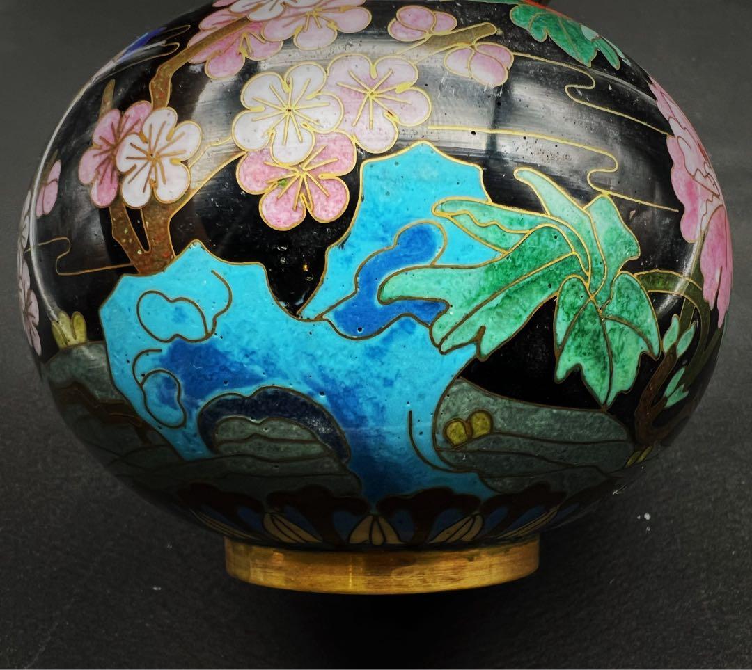 中國美術 古玩 景泰蓝 七宝焼 黒地花鳥蝶々紋様瓢箪 花器 京法造