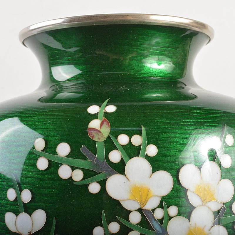 七宝焼　相互七宝造　緑光釉四君子文　七宝花瓶　唐木台付　共箱　D　R6973B