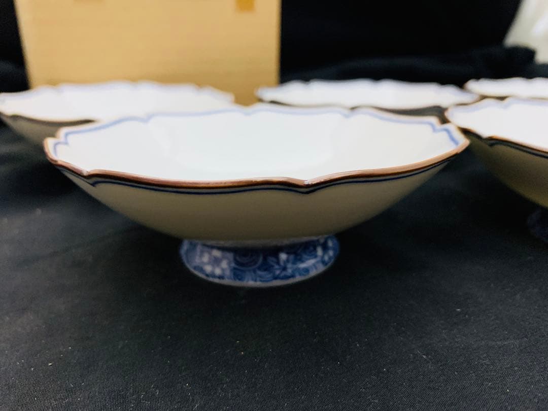 平安陶峰造　染付渦雲錦小鉢5客　京焼　共箱付き　高級懐石料理料亭皿