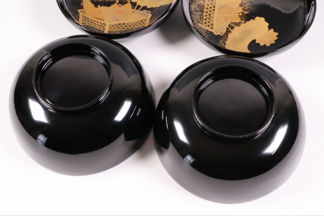 CM411】天然木漆塗 加賀蒔絵 蓮と野菜金蒔絵 黒煮物椀 二客 漆器 昭和