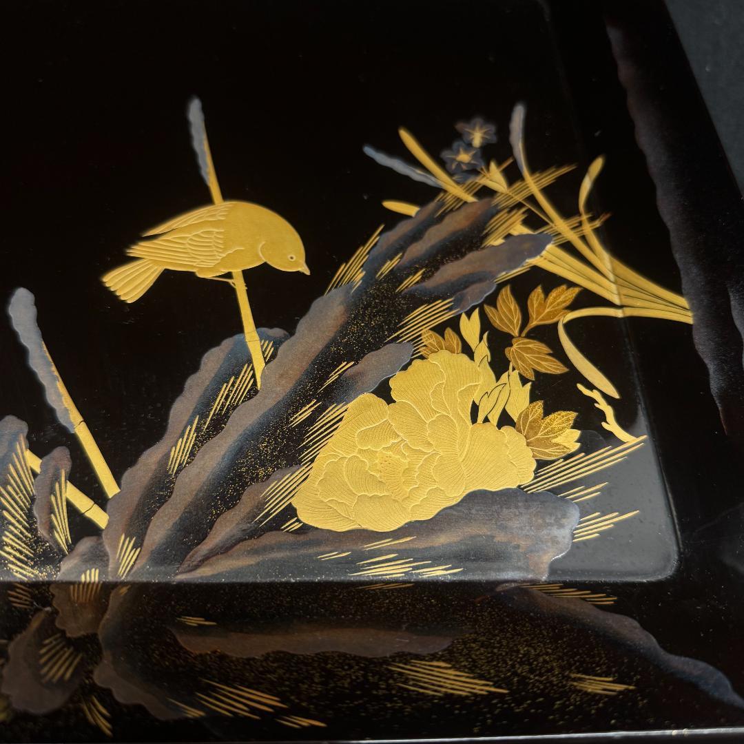 輪島塗り　時代蒔絵盆 竹雀 漆芸 脚付膳　足付き膳　　お膳台　五枚　共箱