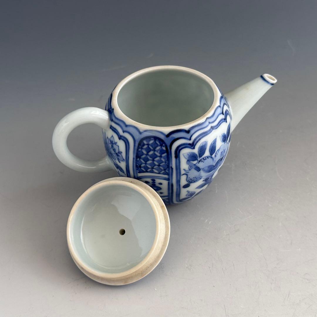 煎茶道具　青華花弁文　茶瓶　急須　初代　三浦竹軒　共箱　染付　京焼　茶器　茶会