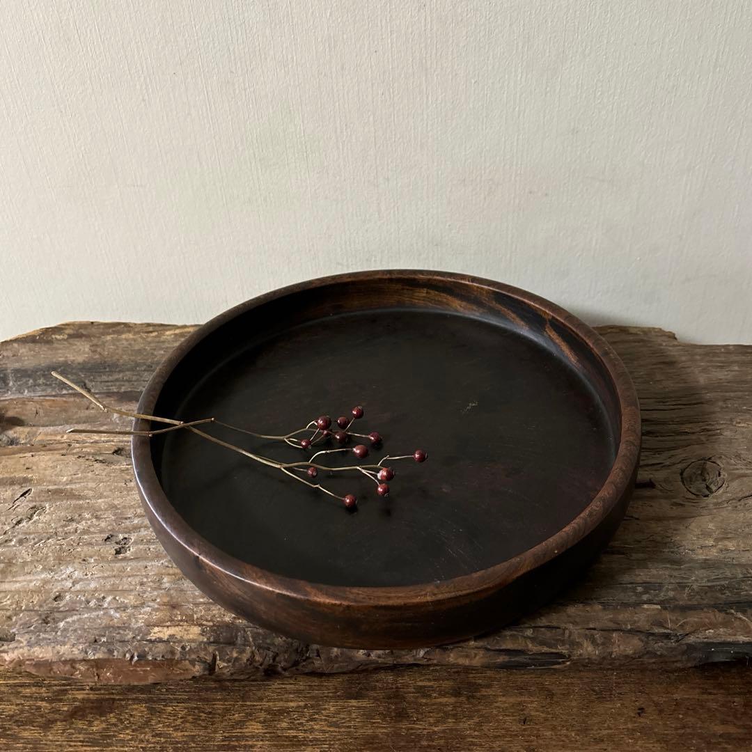 古い木地盆⑨ 丸盆　古民芸　アンティーク　くり抜き盆　酒器　煎茶　骨董　検:李朝