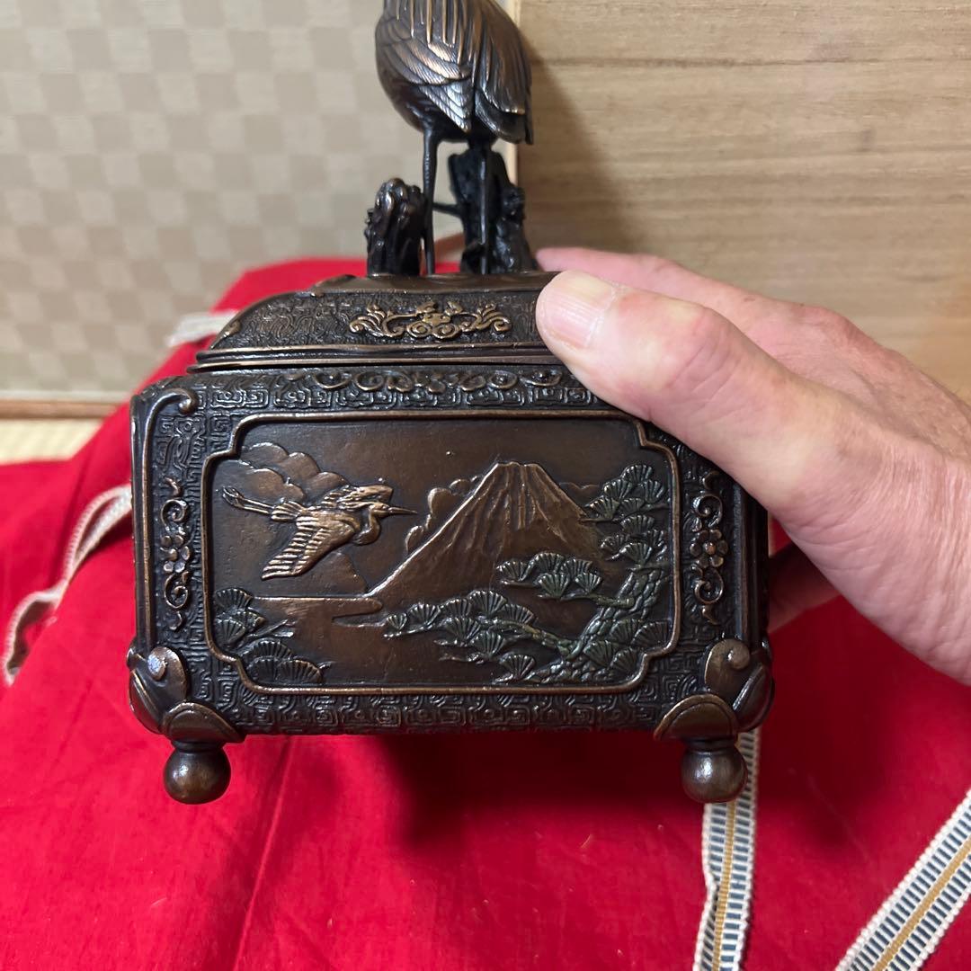 未使用品　蝋型鋳銅香炉 共箱 銅製 鷺花鳥文 供箱