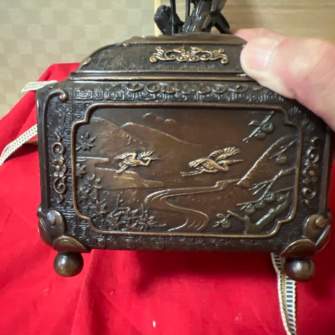 未使用品　蝋型鋳銅香炉 共箱 銅製 鷺花鳥文 供箱