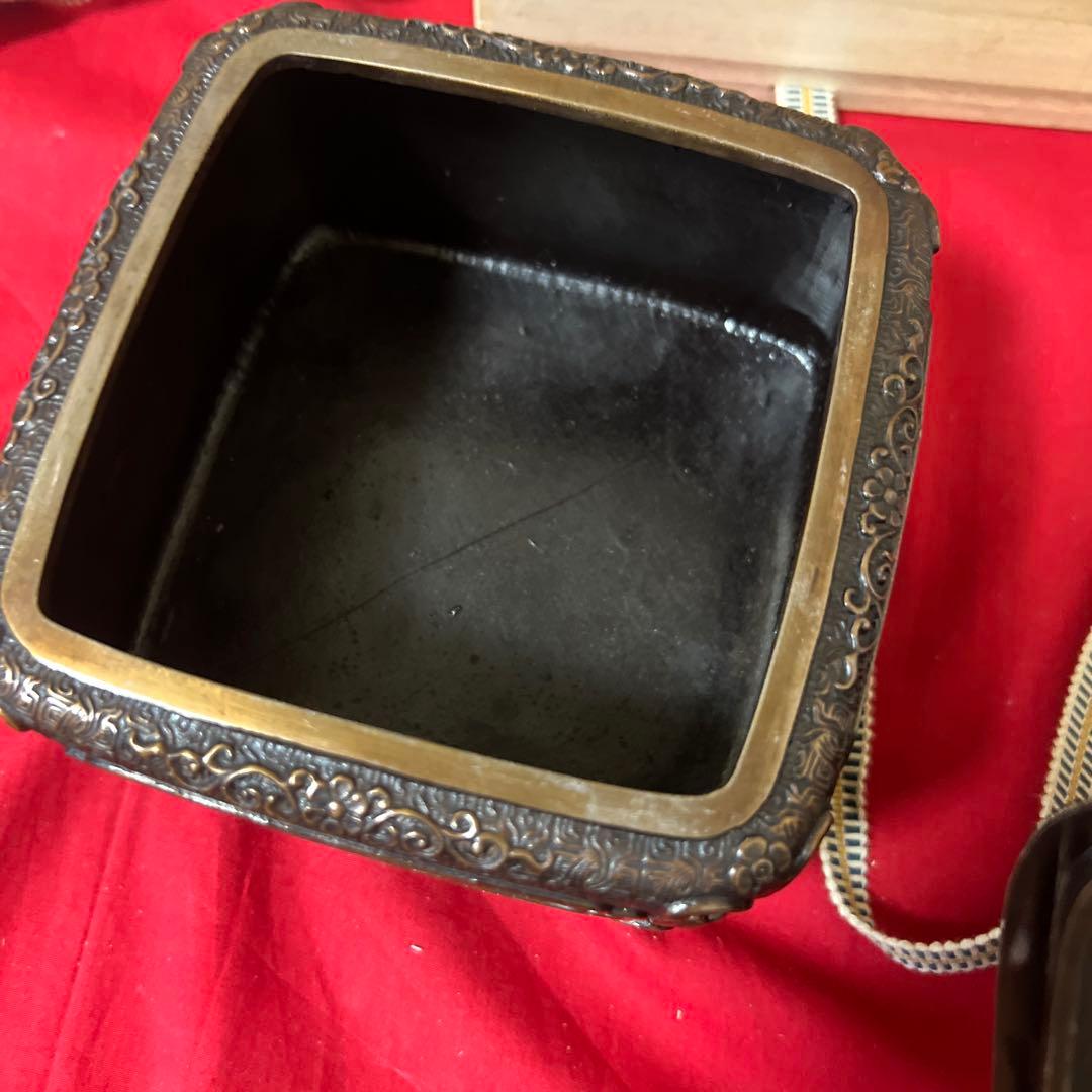 未使用品　蝋型鋳銅香炉 共箱 銅製 鷺花鳥文 供箱