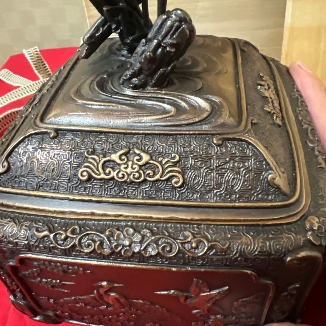 未使用品　蝋型鋳銅香炉 共箱 銅製 鷺花鳥文 供箱
