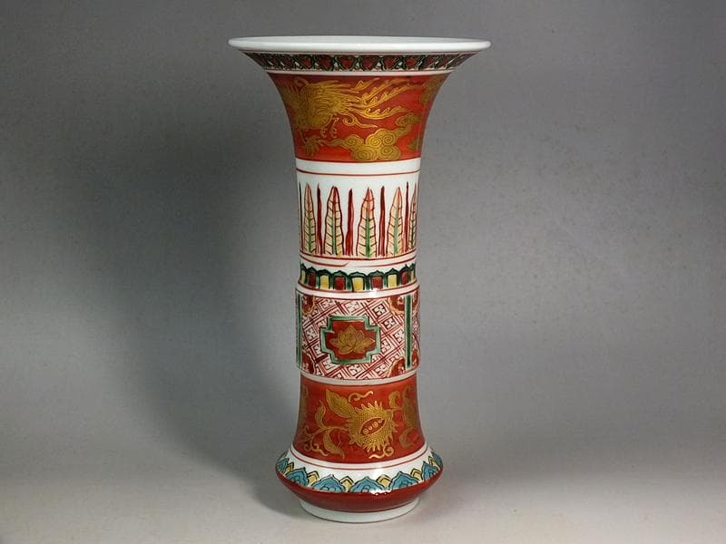 ☆ 須田菁華 作 古赤絵金襴手尊式 花生 共箱 ☆A12