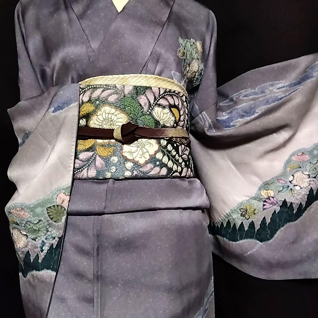 翠山工房 セット 銀通し 辻ヶ花 辻が花 訪問着 落款 絞り 青 灰色