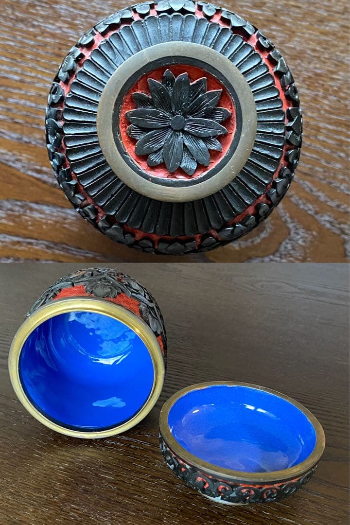 未使用　中国古玩　中国工芸美術品茶器茶道具　堆黒彫漆セット トレー付き