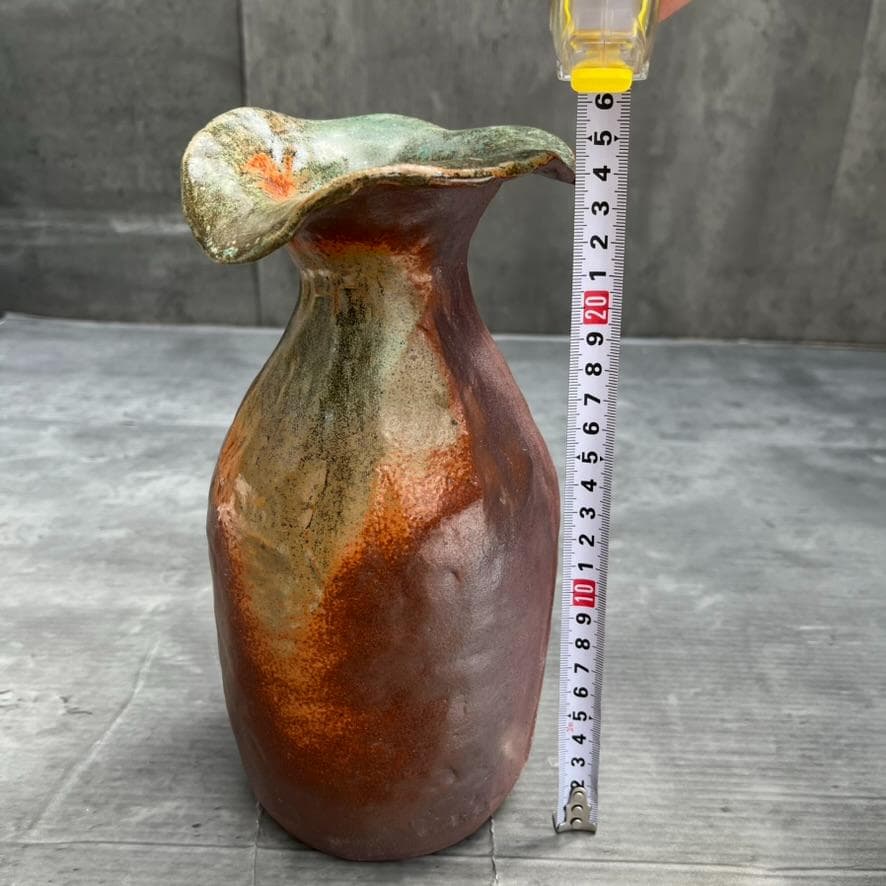 【備前焼】矢部篤郎 1点モノ 希少 花瓶 一輪挿しオレンジ 緑 陶芸品 陶器