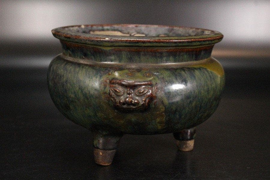中国美術 窯變 海鼠釉 三足 獅子耳 香炉 明 旧家蔵出