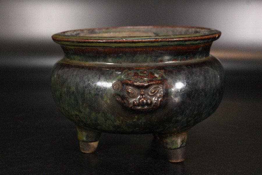 中国美術 窯變 海鼠釉 三足 獅子耳 香炉 明 旧家蔵出