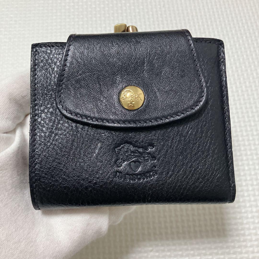 未使用 限定品 IL BISONTE レザーがま口三つ折り財布 ハートロゴ 黒