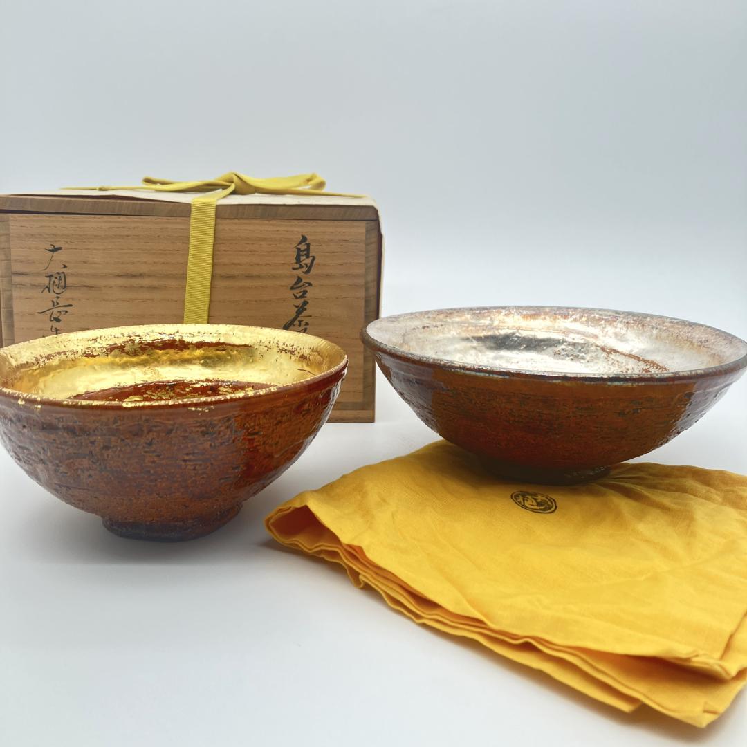 茶道具 京焼 上山善峰作 金砂子 扇面流茶碗 共箱 V 9825 山中塗 レンジ