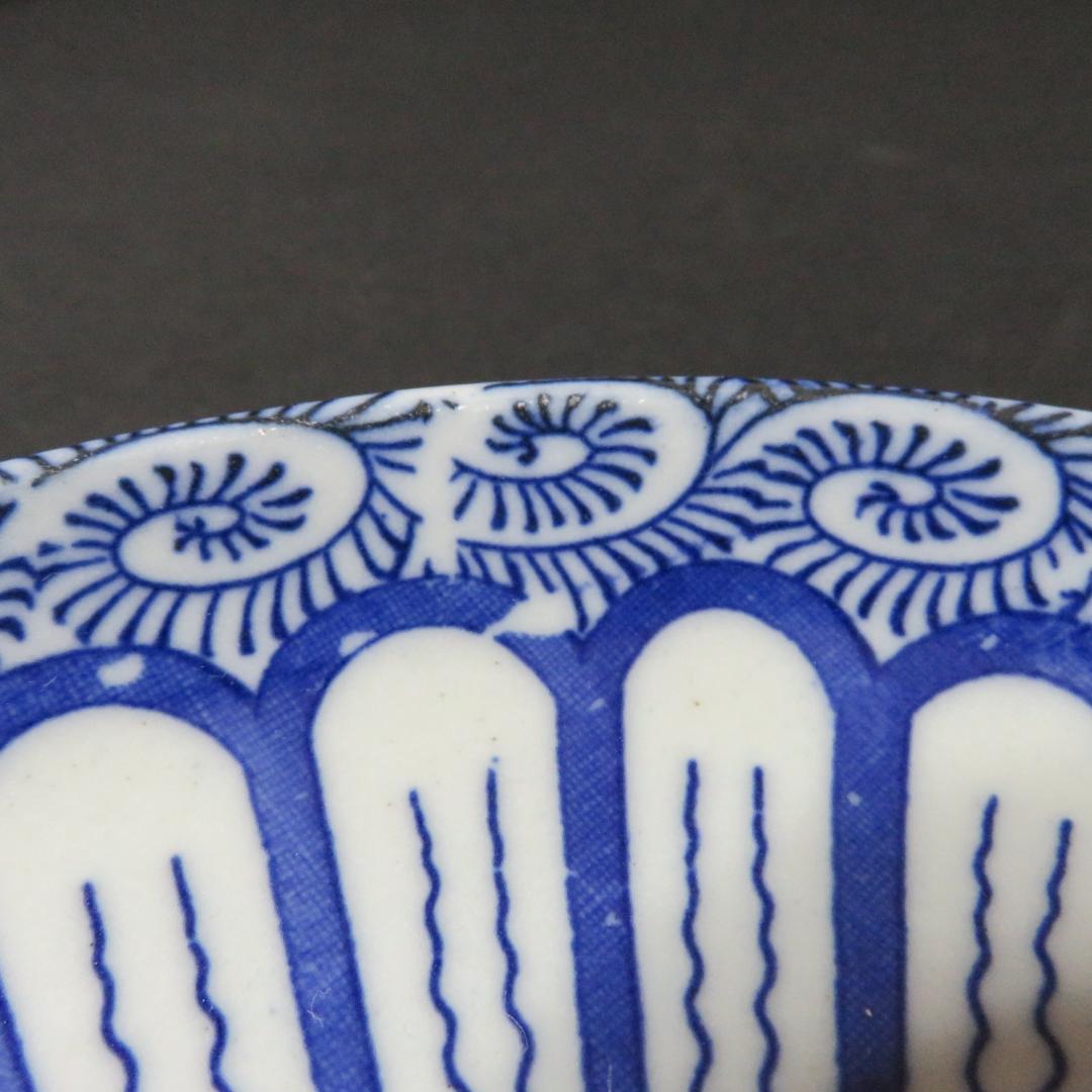 皿 中皿 4枚 印判染付 歪み 菊文様 蛸唐草 明治 大正