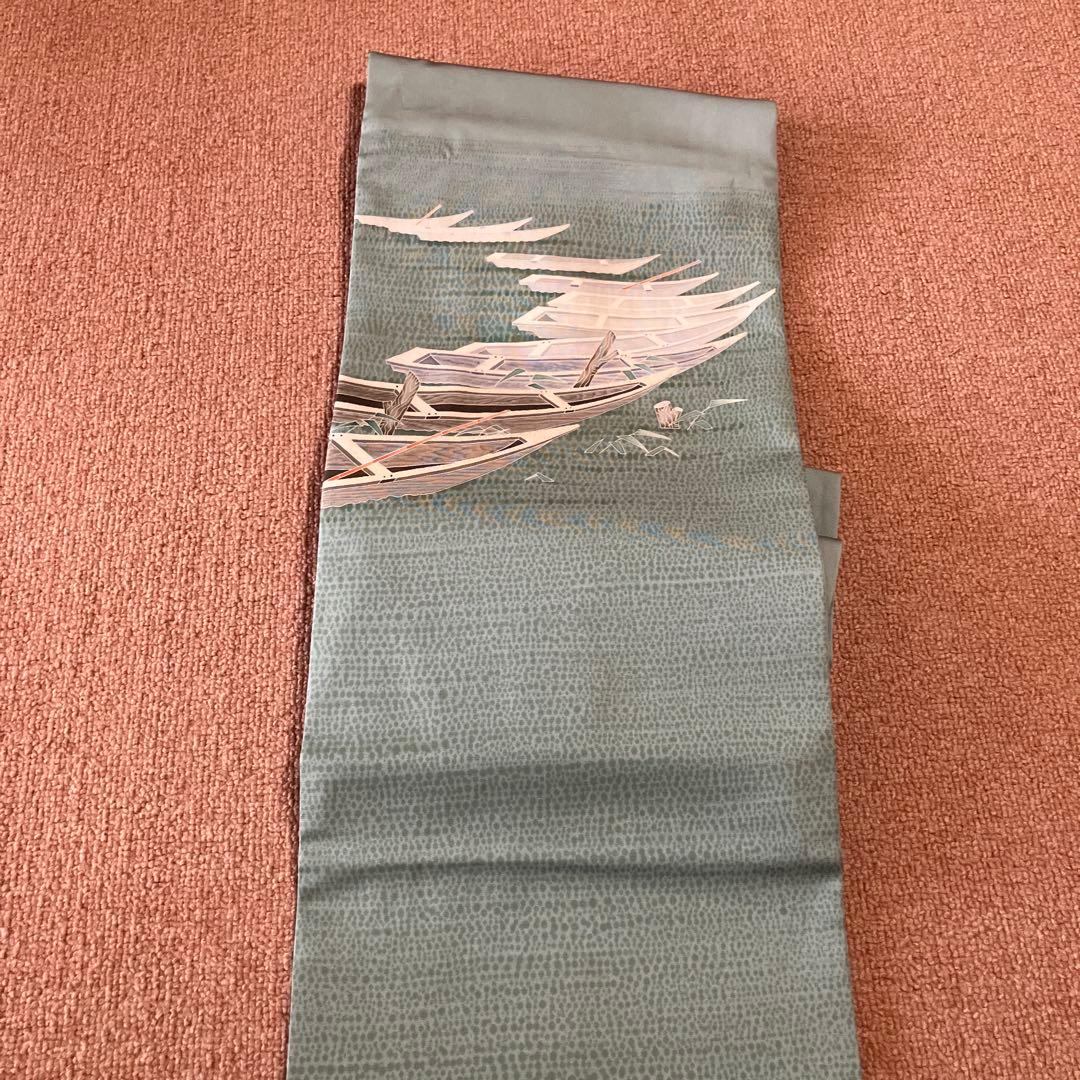 ①塩瀬 9寸名古屋帯 坂井教人 青磁色に舟