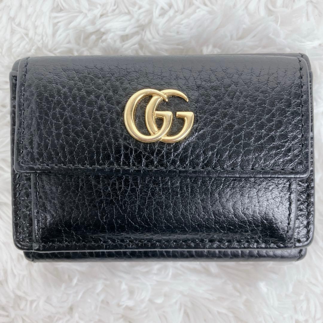専用グッチ GGマーモント 523277 三つ折財布 シボ革 黒　ゴールドロゴ