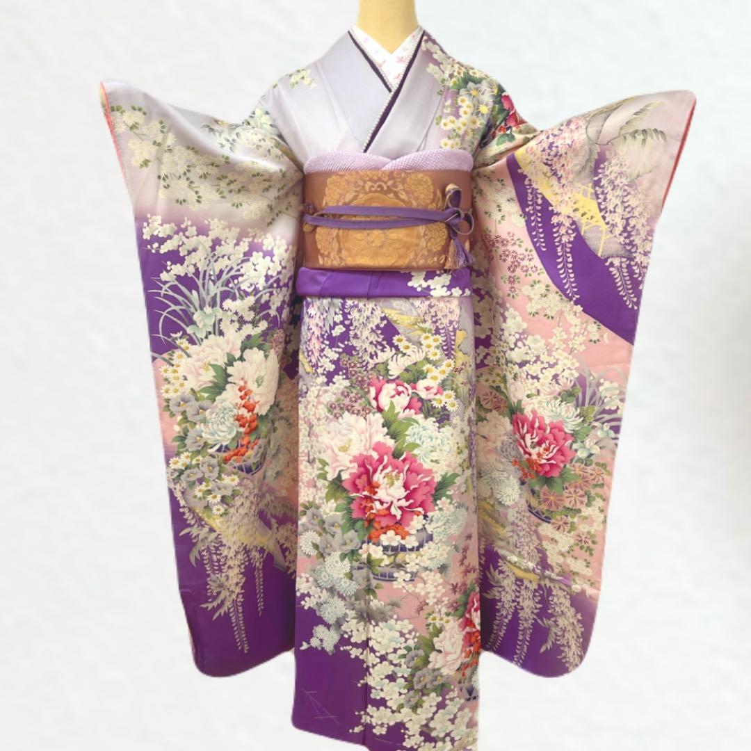 473 振袖フルセット 正絹 薄紫 桃 ピンク 金彩 駒刺繍 暈し染め お上品