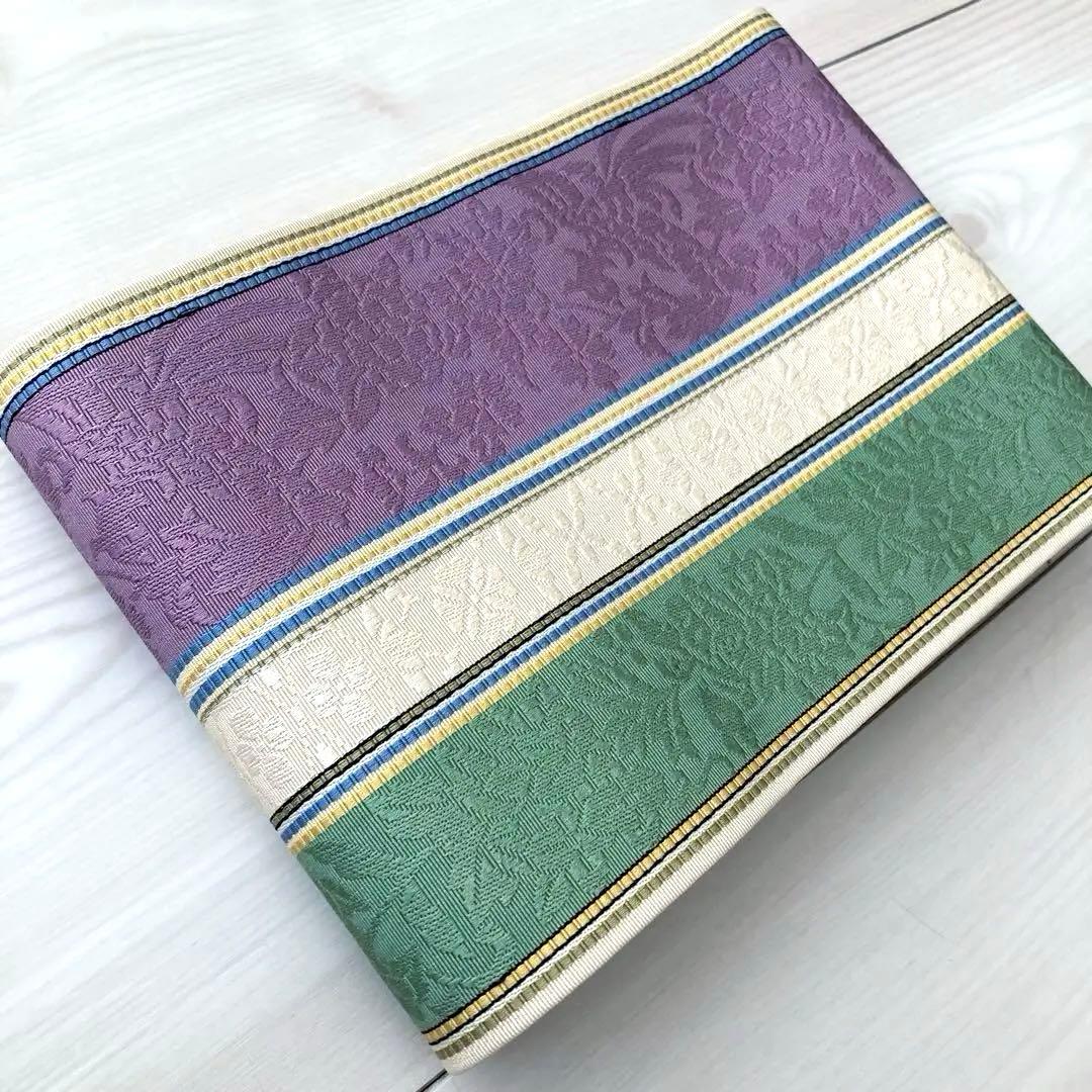 本場筑前博多織　半幅帯　織り出し　花唐草模様　縞模様　正絹　ポケット付No.45