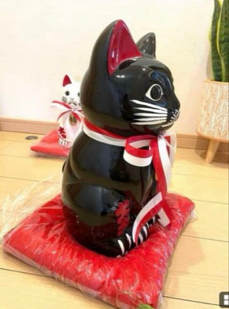 ガチレトロ レア物 新品時物 黒猫 招き猫 清風作 最高級陶磁器 縁起物