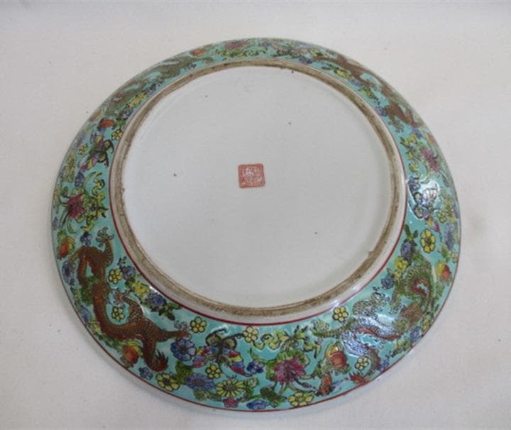 中国古玩 大清乾隆年製 粉彩 五爪の龍紋 大皿 直径