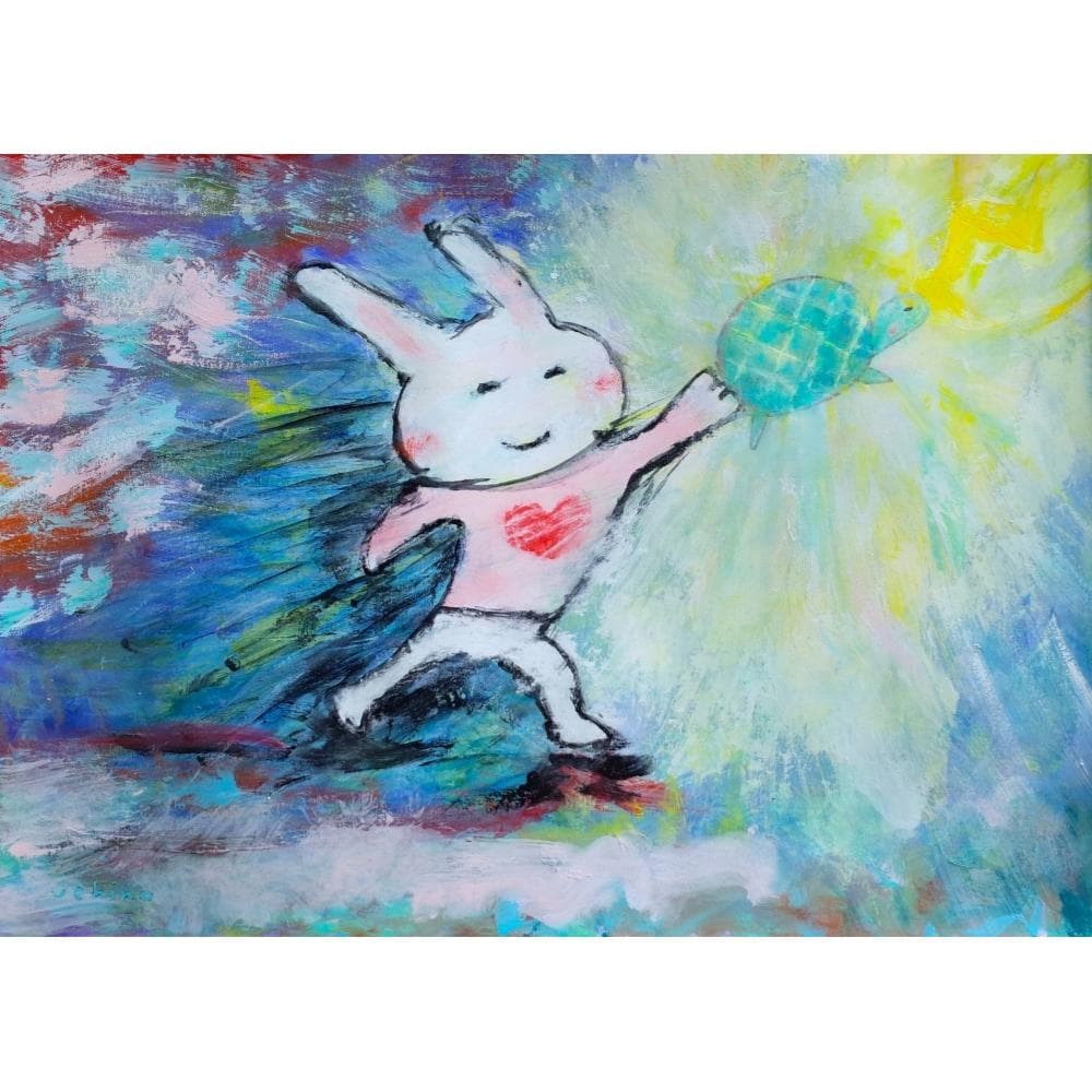 内野隆文　カミナリ　うさぎ　亀　絵画　ドローイング　現代美術　額付　真作