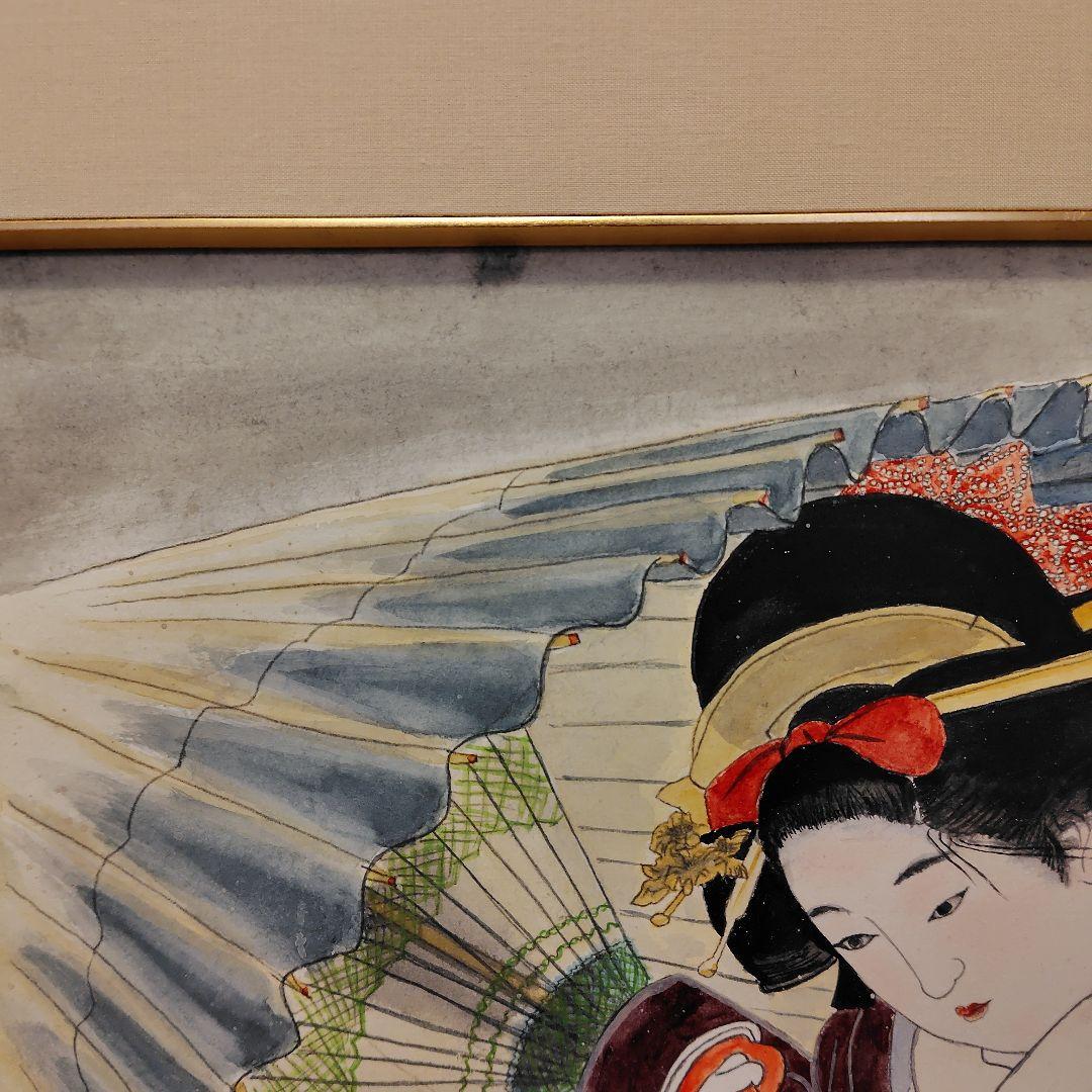 日本画　傘を差す女性画　額縁【銘入り】