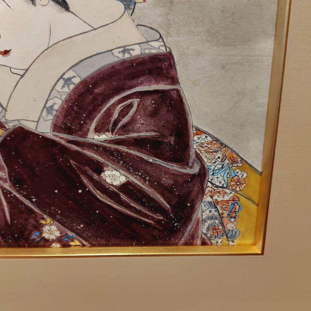 日本画　傘を差す女性画　額縁【銘入り】