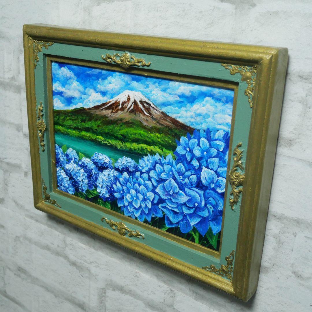 油絵 油彩 油彩画 絵 絵画【富士山と紫陽花】