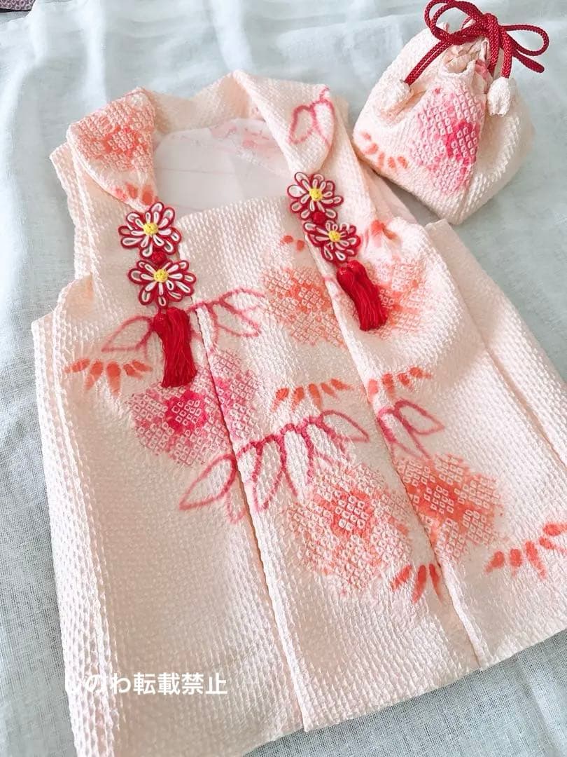 正絹絞りお被布＆巾着セット　花笹模様　薄赤ピンク