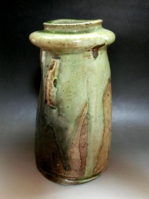 花瓶■伊賀釉【須田祥豊】作 明治初期 花器 京焼名工 耳付き 時代物 骨董品■