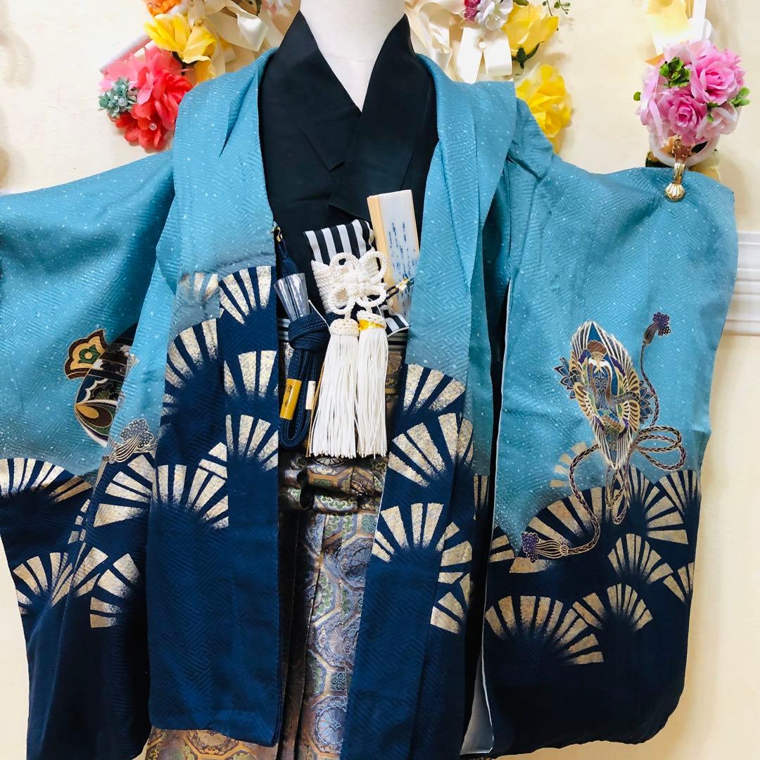 七五三 五歳‼️Blue暈し兜龍金彩煌びやか‼️豪華金蘭袴‼️完全フルセット‼️秀品‼️