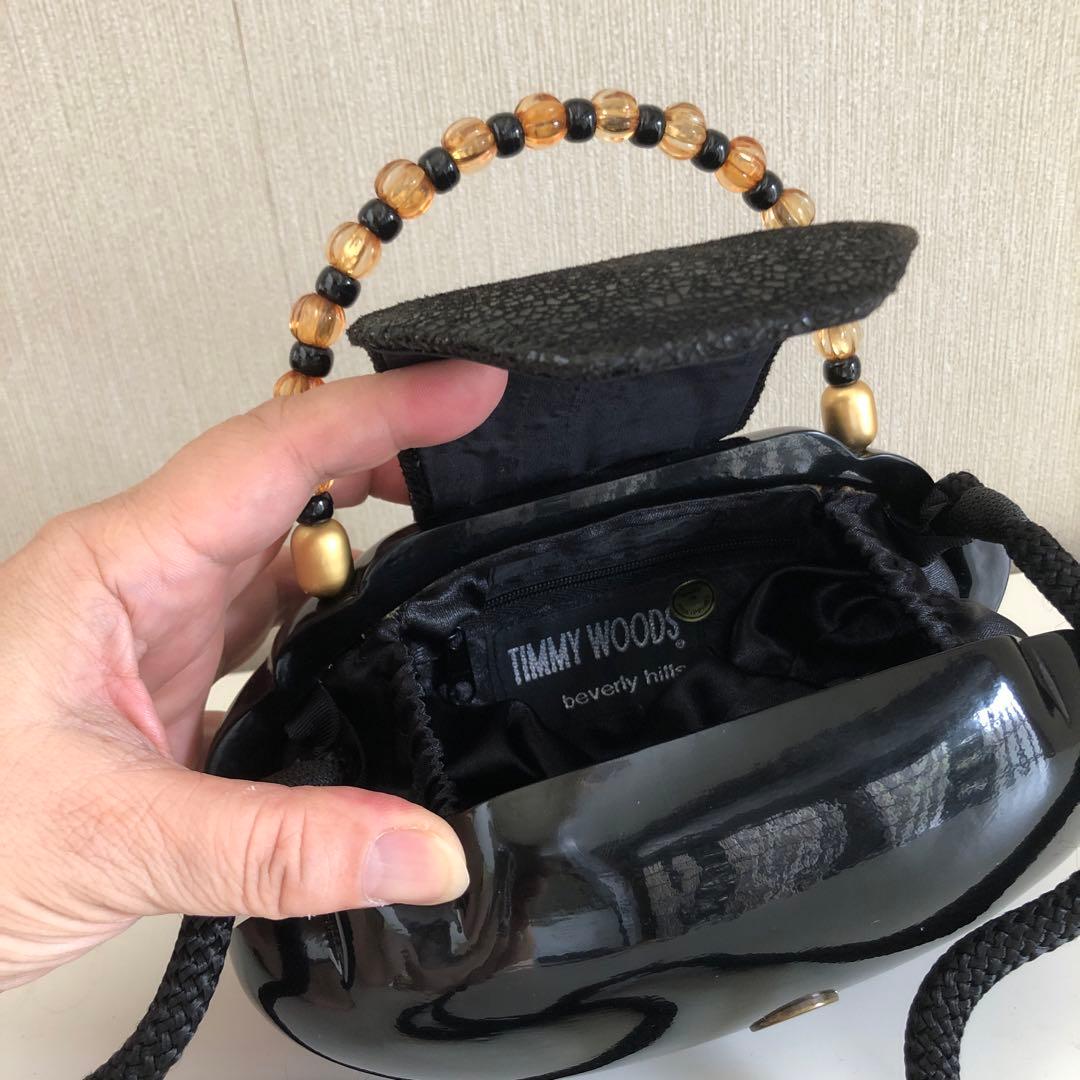 【新品未使用】〈ティミー・ウッズ〉ビーズハンドル付き・黒い木のバッグ