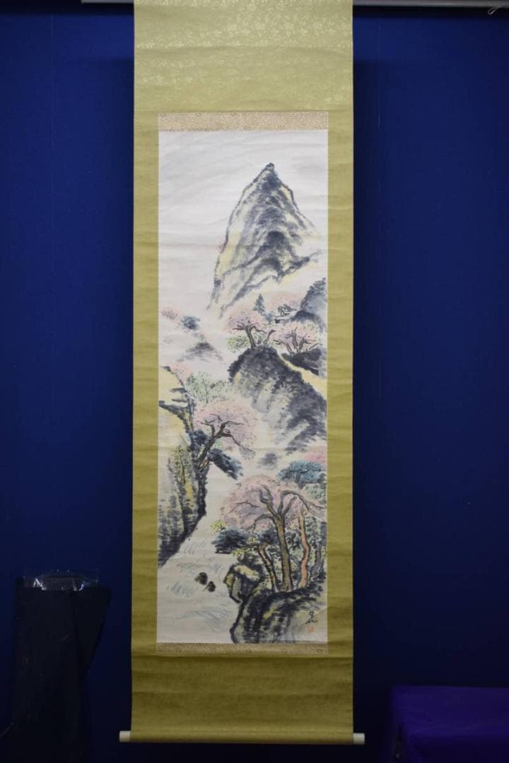 真作/哲也/桜花山水図/布袋屋掛軸HE-88
