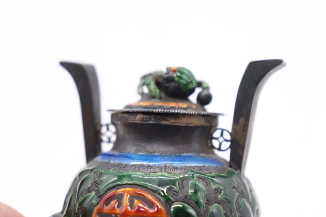 中国 清時代 福寿 銀製七宝焼獣足香炉 木箱入 送料込み250509 Moth