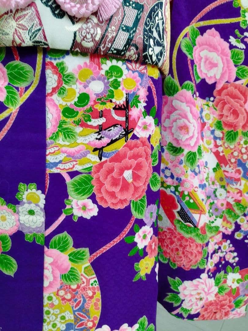専用です☆アンティーク紫に百花繚乱着物と帯セット☆七五三３歳