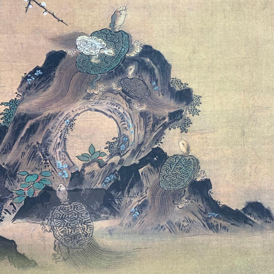 掛軸 狩野房信 鶴亀 二重箱 双幅 工芸 松竹梅 賀正 正月 祝 寿 C-