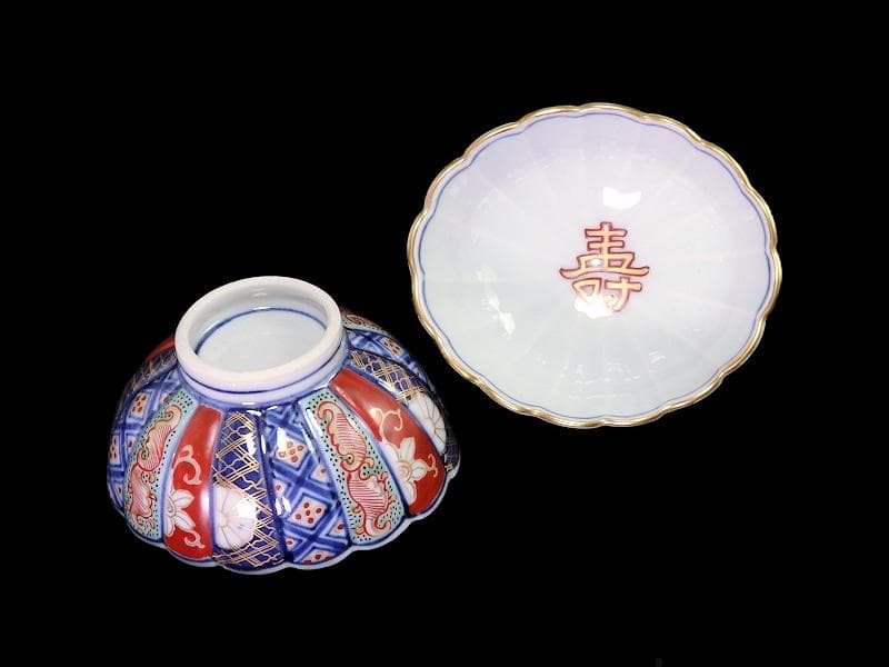 大聖寺伊万里　金襴手　寿紋に輪花豆楕円変形皿　向付　2客　E748AS-CSk