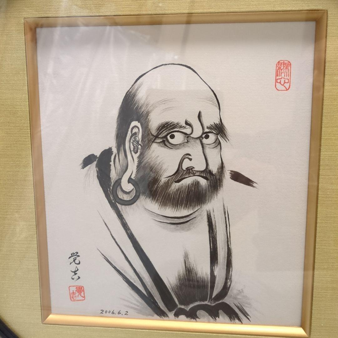 達磨大師 墨絵 アート作品 2006年制作 色紙 縁起物 絵画 額付き丸型