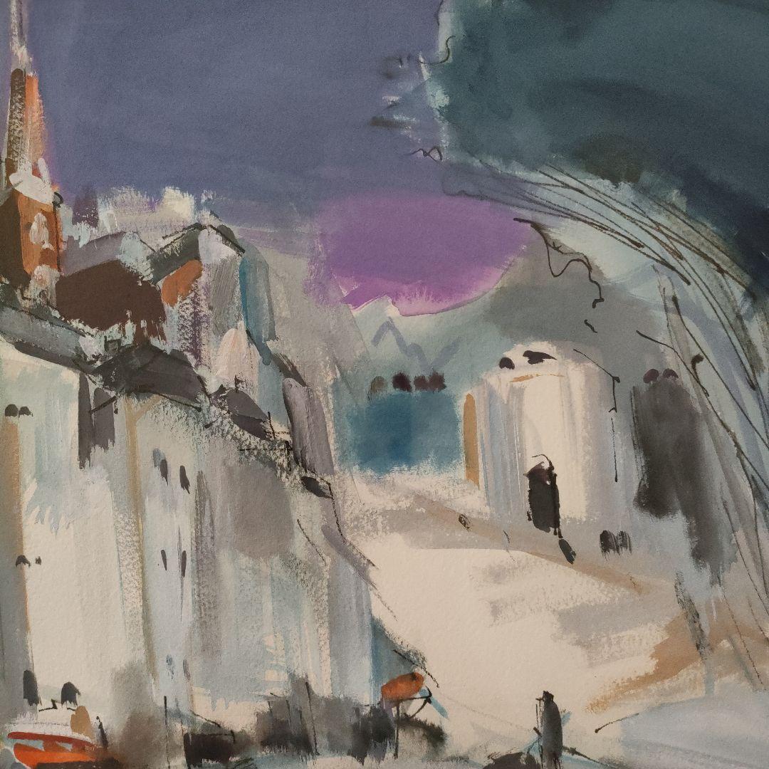 森島澄子　水彩画『街角巴里』1984年制作、直筆サイン入