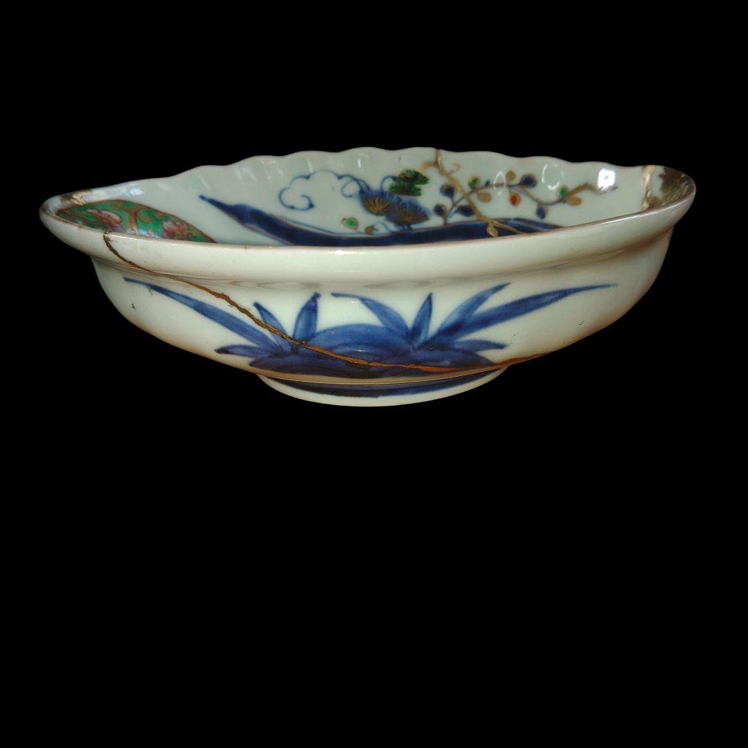 江戸時代　金彩海藻文アワビ型皿　金継ぎ