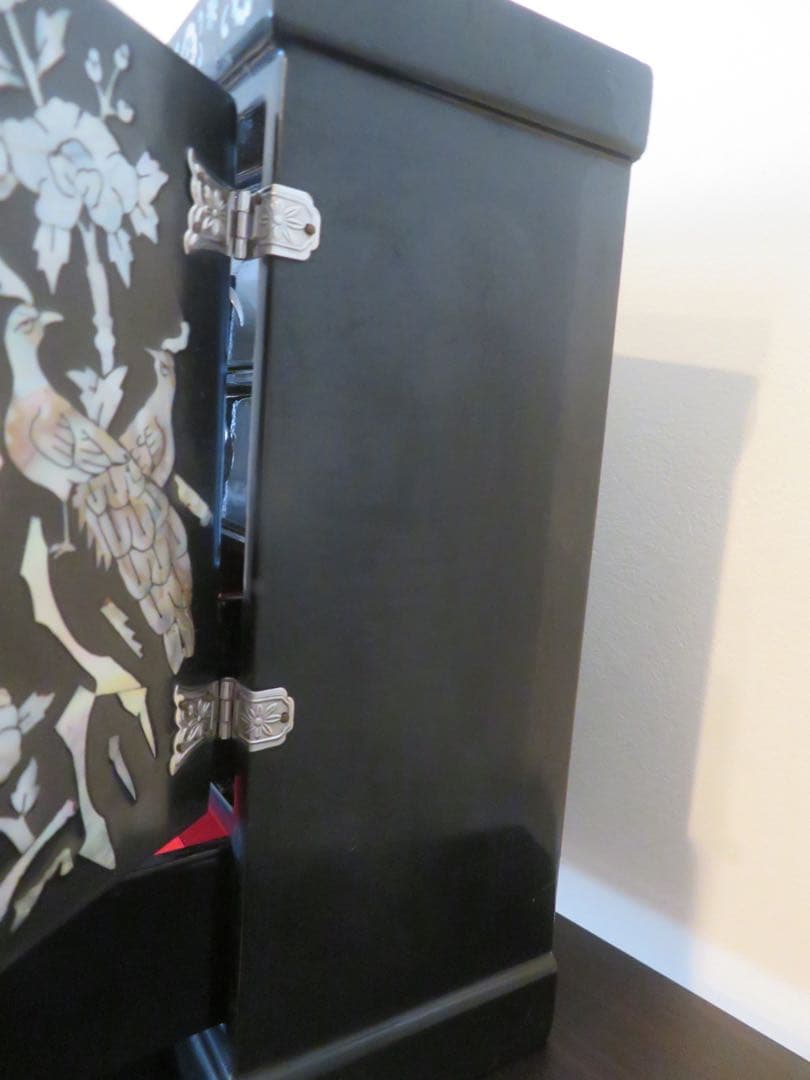 韓国 螺鈿 黒漆 白蝶貝 鶴 花 鳥 最高 小物入 箪笥 ジュエリーボックス